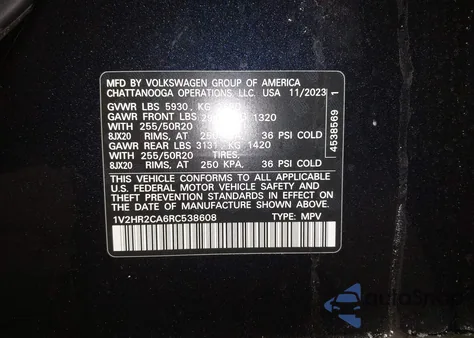 2024 Volkswagen Atlas 2.0T Se W/Technology from USA, damaged, VIN 1V2HR2CA6RC538608
